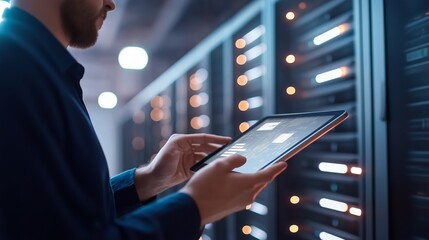 Poster - Technician monitors server performance using tablet in modern data center environment