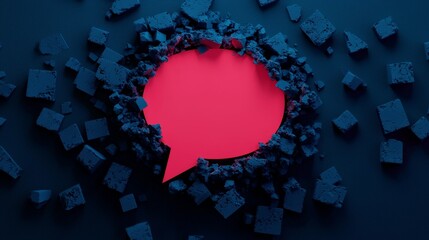 Poster - Red speech bubble surrounded by black cubes on a dark background.