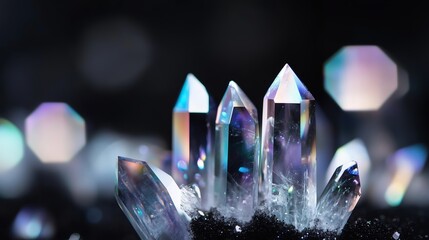 Poster - stunning arrangement of clear quartz crystals reflecting light on a dark, textured surface