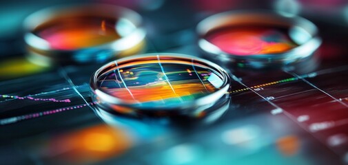 Poster - Close-up of colorful lenses on a vibrant, abstract background representing analysis.
