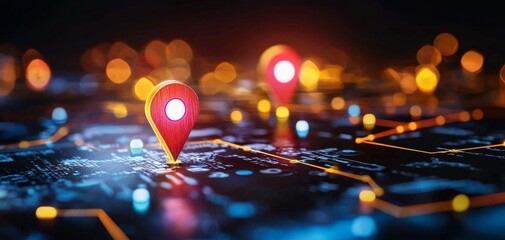Poster - Digital map with glowing location pins highlighting connectivity and navigation.