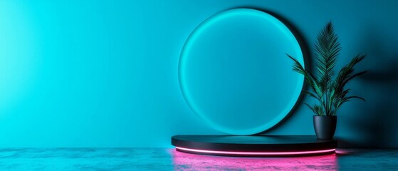 Poster - A modern setup featuring a circular light and a potted plant against a vibrant blue background.