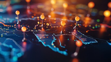 Poster - Digital map with illuminated nodes representing data connections and locations.