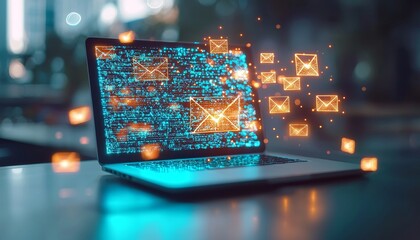 Poster - Digital laptop displaying glowing data and email icons, representing technology and communication.