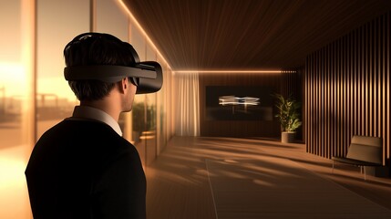 Poster - virtual reality experience in a modern office setting during sunset hours