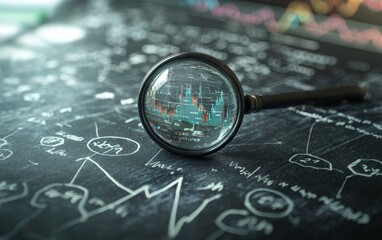 Poster - a magnifying glass on a chalkboard displaying financial graphs and calculations.