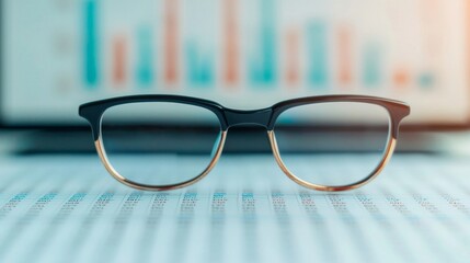 Poster - glasses positioned in front of a blurred financial chart and data analysis background.