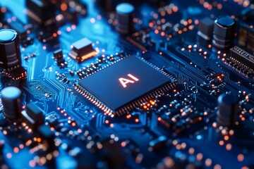 Poster - 3D illustration of the chip with text AI, with a blue color scheme. The background features light gray and white waves with tech elements