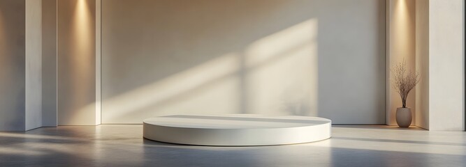 Fototapete - A round, white podium surrounded by wide open space, with soft lighting and smooth, polished floors, offering the perfect minimalist setting for luxury or modern product presentation