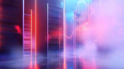 Poster - Bright neon lights illuminate a digital data center with fog, creating a futuristic atmosphere