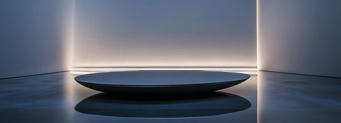 Wall Mural - a floating podium on a reflective surface, surrounded by smooth white walls and soft lighting, offer
