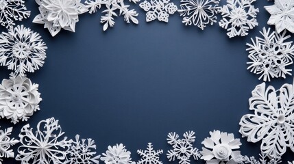 Aufkleber - Delicate paper snowflakes form a decorative border on a deep blue background, offering blank space for personalized messages or notes. Generative AI