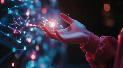 Poster - Hand reaching for glowing particles in a digital environment at night