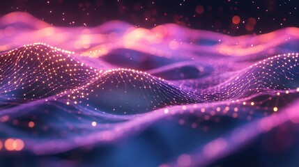 Fototapete - Abstract digital wave of purple and pink glowing particles in a futuristic landscape.