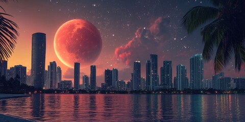 Wall Mural - City skyline at full moon