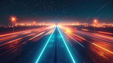 Wall Mural - A straight road with colorful trails stretching toward a horizon, night cityscape.