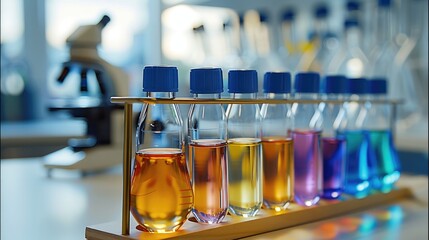 Aufkleber - The front ground includes the glasses and a special stand with test tubes containing multi-colored liquids, next to it stands a microscope out of focus.