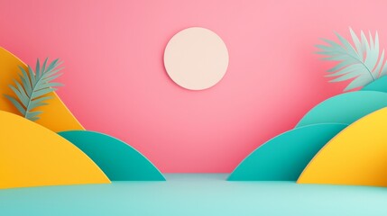 Poster - A vibrant paper landscape featuring colorful hills, palm leaves, and a sun against a pink backdrop, creating a cheerful, tropical atmosphere.