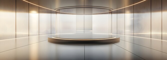 Fototapete - A circular transparent podium in the center of a vast, open showroom, illuminated by soft ambient lighting and minimalistic walls, ideal for displaying a premium or futuristic product
