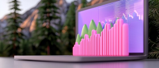 Poster - A laptop displaying colorful bar graphs and line charts against a natural backdrop, symbolizing data analysis and technology.