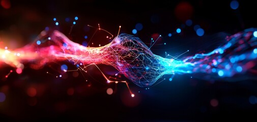 Poster - A vibrant, abstract visualization of colorful particles intertwined against a dark background, representing energy and movement.