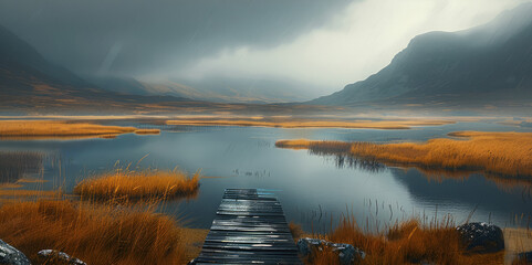 Poster - A landscape with marshes and hills at the back, moody.