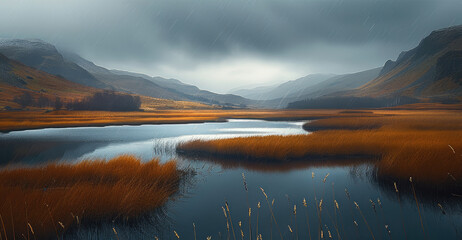 Poster - A landscape with marshes and hills at the back, moody.