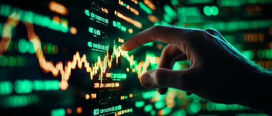 Poster - a hand points at a digital stock market graph, displaying fluctuating data against a vibrant green a