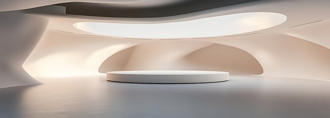 Fototapete - A minimalist white podium in the middle of a vast, open space with soft spotlights, perfect for displaying a luxury item or tech innovation in a clean, modern atmosphere