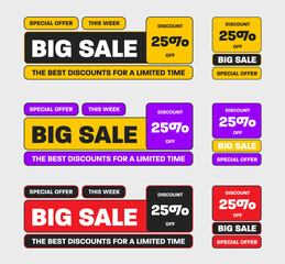 Poster - Vector illustration of colorful banner for big sale, geometric flyer set with 25% best discount limited time.