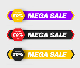 Poster - Vector bright banner for mega sale, 50% discount, colorful geometric price tag flyer illustration.