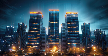 Aufkleber - A cluster of modern skyscrapers glowing under the night sky, with glass facades reflecting dynamic light pattern.