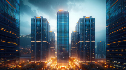 Aufkleber - A cluster of modern skyscrapers glowing under the night sky, with glass facades reflecting dynamic light pattern.