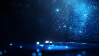 Poster - A dark, mesmerizing scene filled with blue particles and shimmering lights, creating a sense of depth and intrigue.