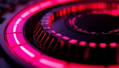 Poster - A close-up of a circular electronic device featuring vibrant pink illumination, showcasing intricate details and textures.