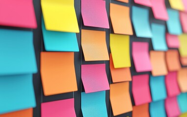 Poster - A vibrant array of colorful sticky notes arranged on a wall, showcasing creativity and organization in brainstorming or project planning.