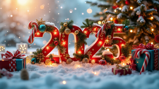 Festive Christmas Wonderland 2025: Bold Numbers, Twinkling Tree, Falling Snow, Ornaments, and Holiday Cheer