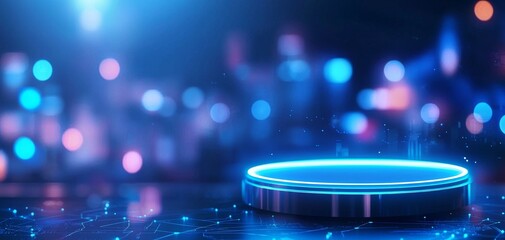 Poster - a glowing circular platform in a futuristic setting, surrounded by a vibrant blue backdrop filled wi