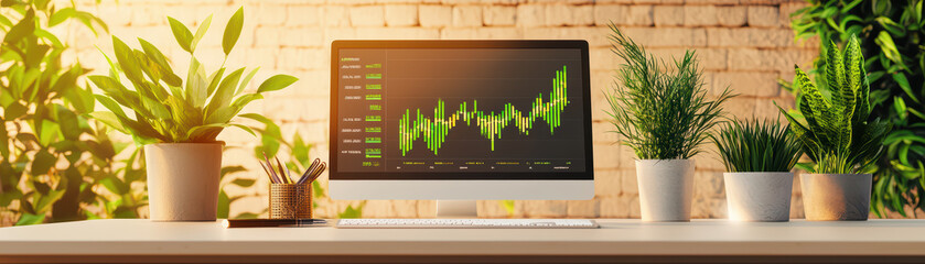 Poster - modern office setup featuring computer displaying digital data, surrounded by lush green plants, creating vibrant and productive atmosphere