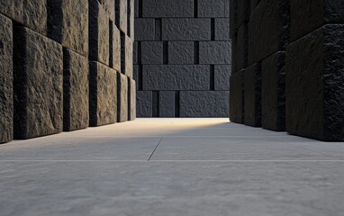Poster - A narrow passageway between tall stone walls, illuminated by a soft light, creating a mysterious and intriguing atmosphere.
