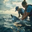 © suteeda - Team of biologists tagging a rescued dolphin to monitor its movement and health, calm ocean waters creating a tranquil background for marine conservation work