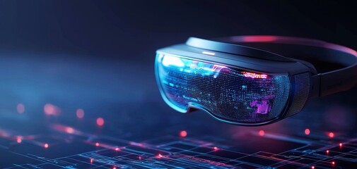 Poster - A sleek pair of augmented reality glasses, illuminated by colorful lights, rests on a digital circuit backdrop.