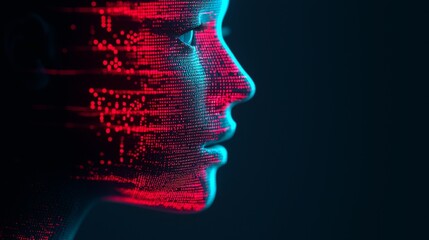 Fototapete - A futuristic digital portrait that showcases a human-like face illuminated with vibrant red and blue data patterns against a dark background.