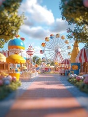 A cartoonish scene of a carnival with a Ferris wheel in the background