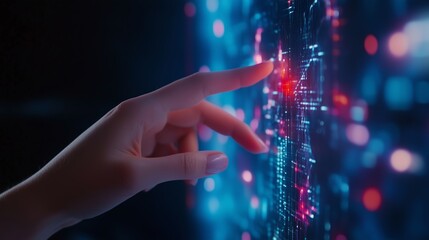 Poster - advanced technology interface being interacted with by a human hand in a dark environment