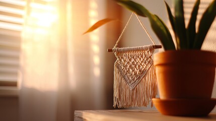 Poster - A cozy interior scene featuring a macrame wall hanging and a potted plant, illuminated by warm sunlight filtering through sheer curtains.