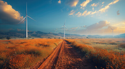 Poster - Wind farm or wind park, with high wind turbines for generation electricity.