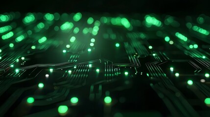 Poster - A close-up view of a circuit board with glowing green lights, showcasing technology and electronic components.