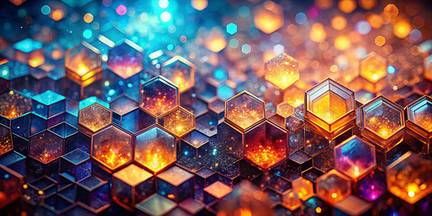 Poster - Bright hexagonal shapes fill the space with vivid colors, creating an abstract design. Illuminated with warm tones, the scene conveys depth and complexity, evoking a sense of wonder