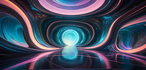 Poster - A beautifully animated abstract tunnel features swirling patterns in vibrant colors. The glowing light at the end draws viewers into a captivating journey filled with wonder